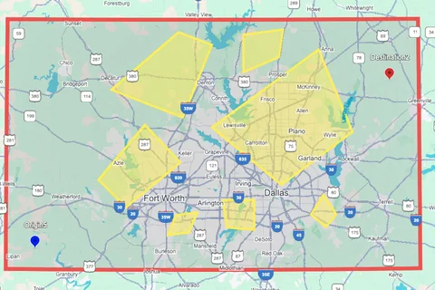 Map of the Dallas Fort Worth area with wind hazard polygons, an origin, and a destination