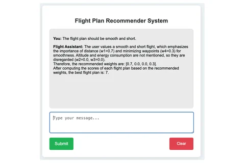 Flight Plan Recommender chat interface where the operator asks for a smooth, short flight and the assistant explains its weights