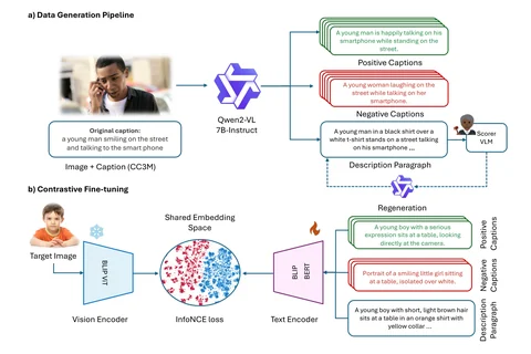 Pipeline that turns one image caption into positive captions, negative captions, and a description paragraph for contrastive fine-tuning